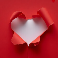 Dramatic Torn Red Paper Revealing Heart-Shaped Hole with White Background Symbolizing Broken Heart, Vulnerability and Love Discovery