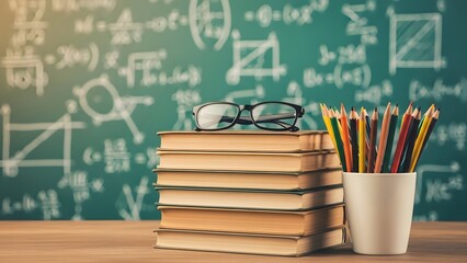 School supplies on a desk in front of a chalkboard
