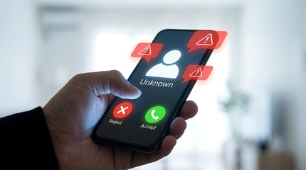Hand holding smartphone displaying unknown caller with multiple alerts
