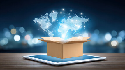 E commerce global delivery concept with open cardboard box tablet projecting world map