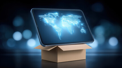Digital tablet displaying glowing world map cardboard box e commerce concept connecting global