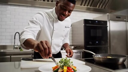 Young chef chopping colorful bell peppers in professional kitchen