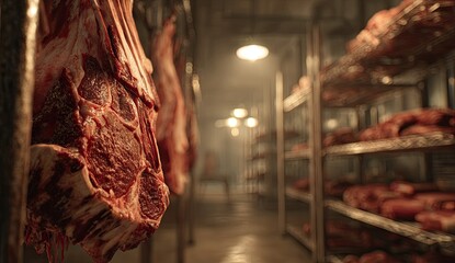 Chilled room filled with hanging and stacked raw meat, dimly lit with overhead lights