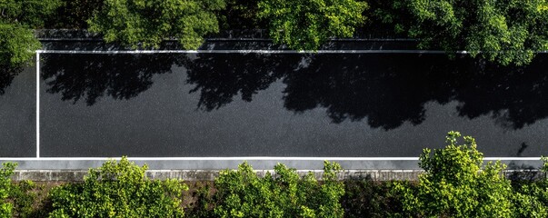 Aerial view of a slick asphalt road flanked by vibrant green trees, lines visible