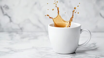 Sleek White Coffee Cup with Splash, Isolated on Grey Marble Background, Product Mockup with Copy Space.
