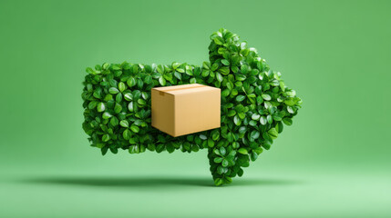 Eco friendly e commerce delivery arrow shaped foliage with cardboard box conveying green shipping