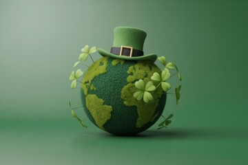 Fototapeta premium St. Patrick's Day Global Celebration: Fuzzy Green Earth Model Wearing a Leprechaun Top Hat Adorned with Lucky Shamrocks | 3D Render Illustration for Irish Culture and Worldwide Festivities