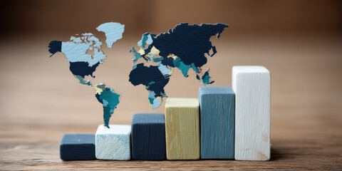 World map e commerce growth chart wooden blocks showing global sales trend and ambition