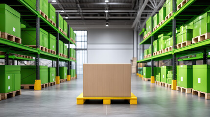 E commerce warehouse with cardboard box pallet amid green storage shelves conveying efficient