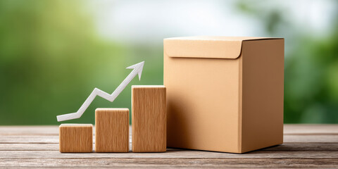 Small cardboard box and wooden blocks with rising arrow symbolize e commerce growth
