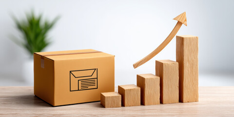 E commerce parcel growth concept with rising wooden blocks and arrow showing sales increase