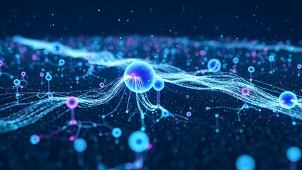 Abstract digital network with glowing nodes and flowing connections in a dark space