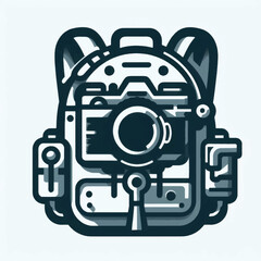 Stylish backpack with camera lens and equipment for photography adventures.