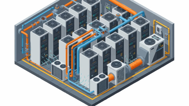 Isometric illustration of data center server racks with cooling systems.