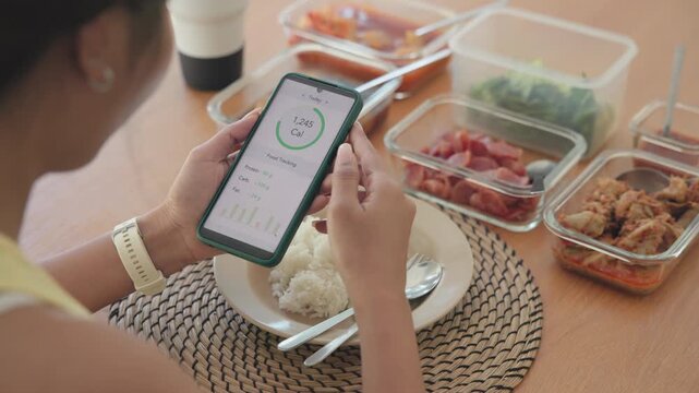 Young adult black asia people active gen z using AI phone record data daily meal tracker clean food diet app control. Asian Smart living care happy life goal routine plan lunch time home dining table.