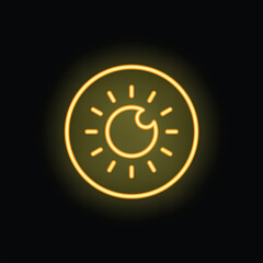 Fototapeta premium Bright yellow neon icon of an eye with light rays emanating from it, symbolizing vision, perception, or awareness