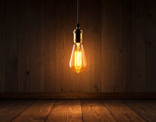 Glowing light bulb hanging in dark room emitting warm orange illumination