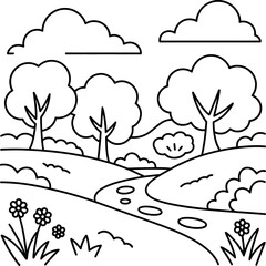 Black and white landscape with trees and flowers nature