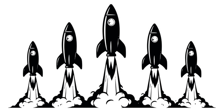 Hand drawn line art rocket set featuring rockets launching with smoke plumes for startup and innovation - Powered by Adobe