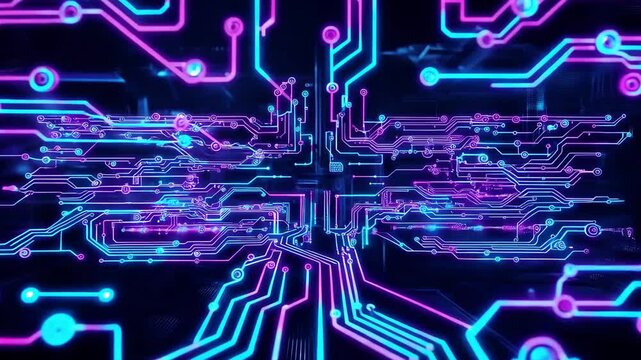 Top View of Detailed Circuit Board with Neon Power Flow