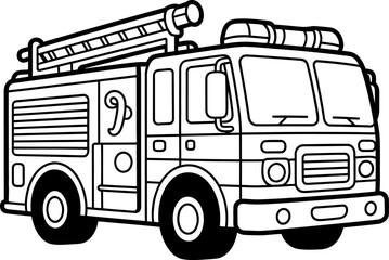 Black and white of a fire truck with a ladder on vehicle