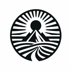 Stylized circular logo with mountains sun and fields.