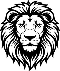 Black and white of a lion's face with a detailed mane