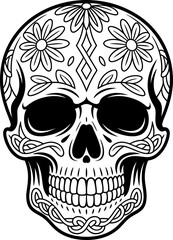 Black and white skull with floral decorations flowers