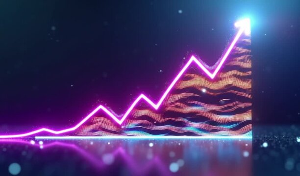 A neon-pink upward-trending financial chart arcs above a reflective surface, suggesting a meteoric rise, 4K Video