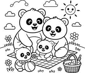 Family of four pandas sitting on a picnic blanket with a basket of eggs