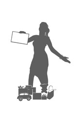 silhouette of a woman selling gifts and toys with a discount board flyer in her hand