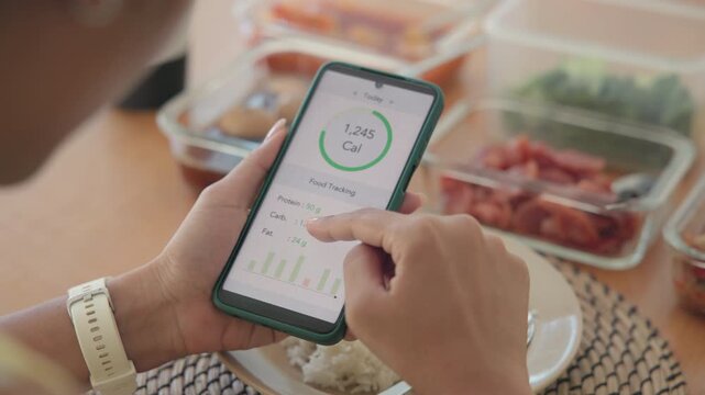Young adult black asia people active gen z using AI phone record data daily meal tracker clean food diet app control. Asian Smart living care happy life goal routine plan lunch time home dining table.