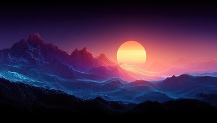 Dramatic sunset over abstract mountains with vibrant colors and light