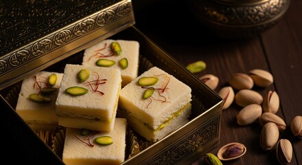 Pistachio Saffron Indian Sweets in Golden Festive Box