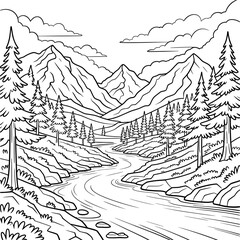 Mountain landscape with pine trees and winding river in black and white