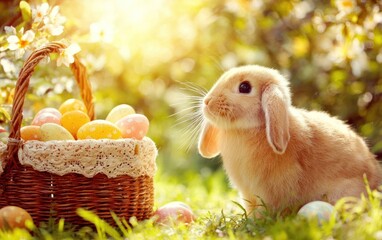 Easter bunny beside basket of painted eggs in natural sunlight