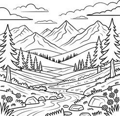 Mountain landscape with tents and flowers in black and white