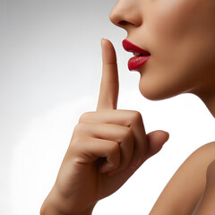 Surreal Close-Up of Finger Pressed to Lips Lip Print Artwork Shushing Gesture Concept for Silence, Secrecy and Mystery