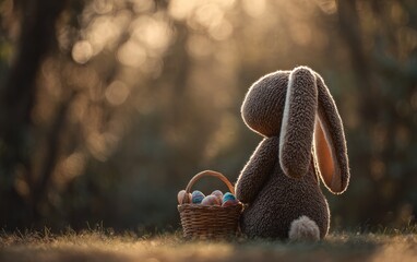 Easter bunny with basket of eggs in golden hour sunlight
