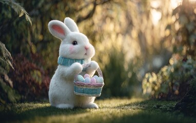 Easter bunny holding basket of decorated eggs in lush outdoor setting