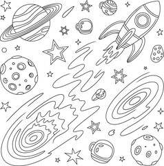 Space scene with planets rockets and stars in black and white line
