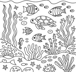 Underwater scene with striped fish, turtle, seahorse, and coral