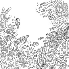 Underwater scene with sea creatures and coral reef