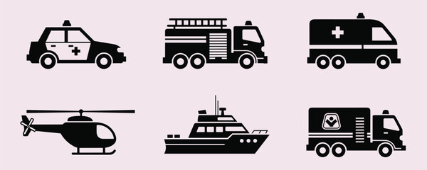 Emergency services vehicles icons set police car fire truck ambulance helicopter boat vector