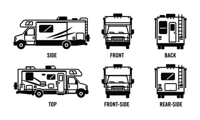 Recreational vehicle motorhome camper van different views flat outline vector icons set