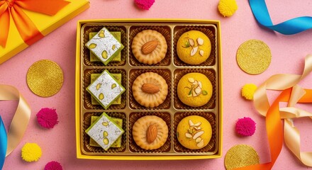 Colorful Indian Sweets Box with Festive Decorations