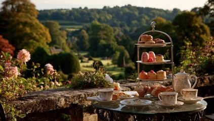 Elegant afternoon tea setting outdoors with pastries and scenic landscape