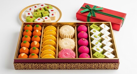 Vibrant Assortment of Traditional Indian Mithai and Festive Gift Box