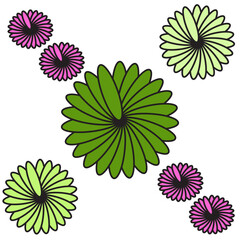 Colorful spring floral pattern with a seamless vector design featuring pink and purple daisy blossom flowers and green leaf elements for nature wallpaper decoration