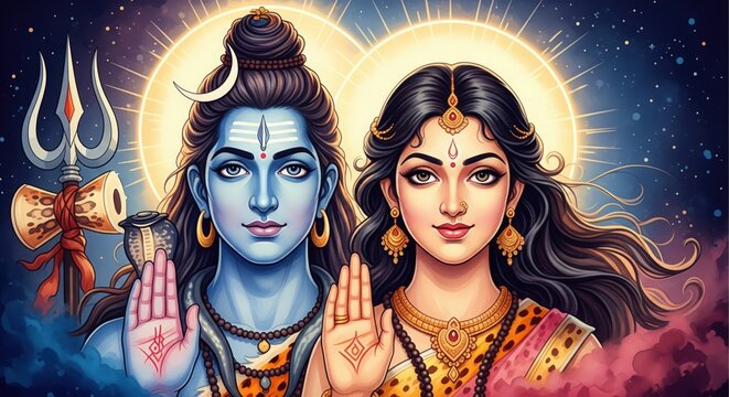 Shiv Parvati Traditional Hindu Illustration